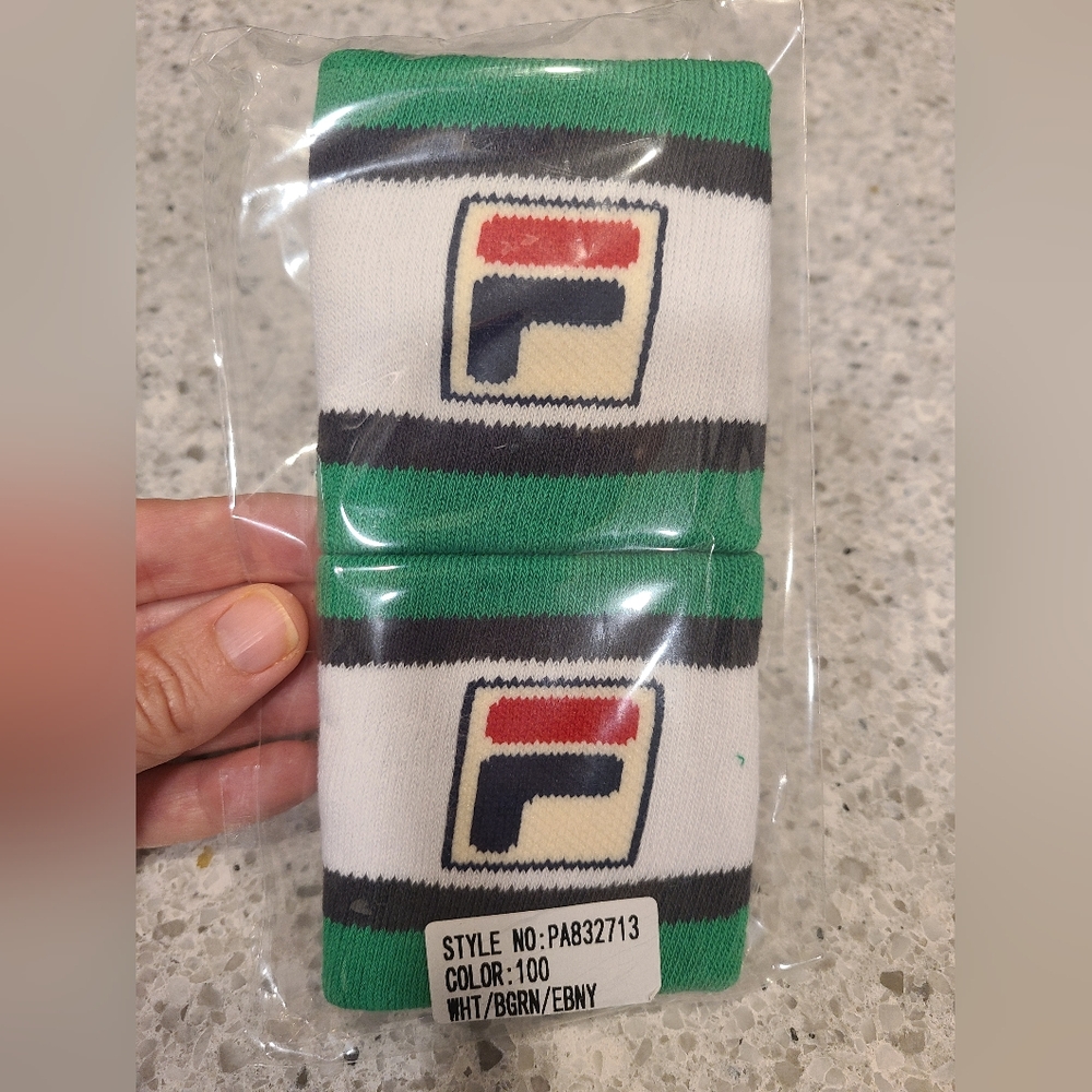NEW Fila Wristband Sweatband White Black Green 1 Pair